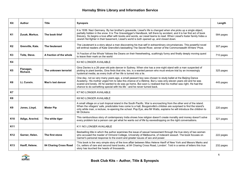 Hornsby Shire Library and Information Service Book Club Kits – Author