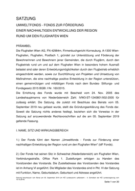 Satzung Umweltfonds - Fonds Zur Förderung Einer Nachhaltigen Entwicklung Der Region Rund Um Den Flughafen Wien