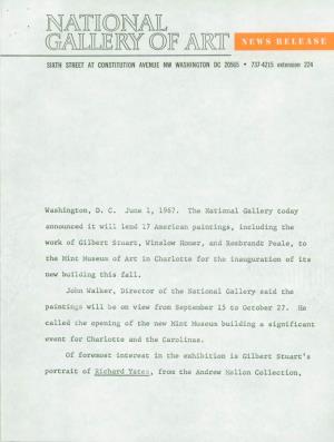 Washington, D. C. June 1, 1967. the National Gallery Today Announced It