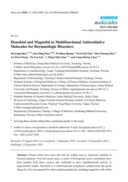 Honokiol and Magnolol As Multifunctional Antioxidative Molecules for Dermatologic Disorders