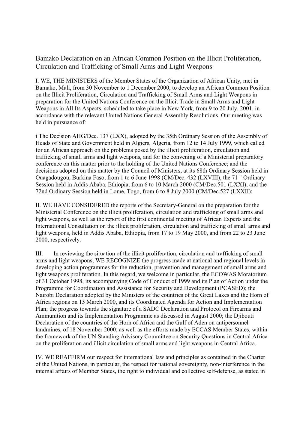 Bamako Declaration on an African Common Position on the Illicit Proliferation, Circulation and Trafficking of Small Arms and Light Weapons