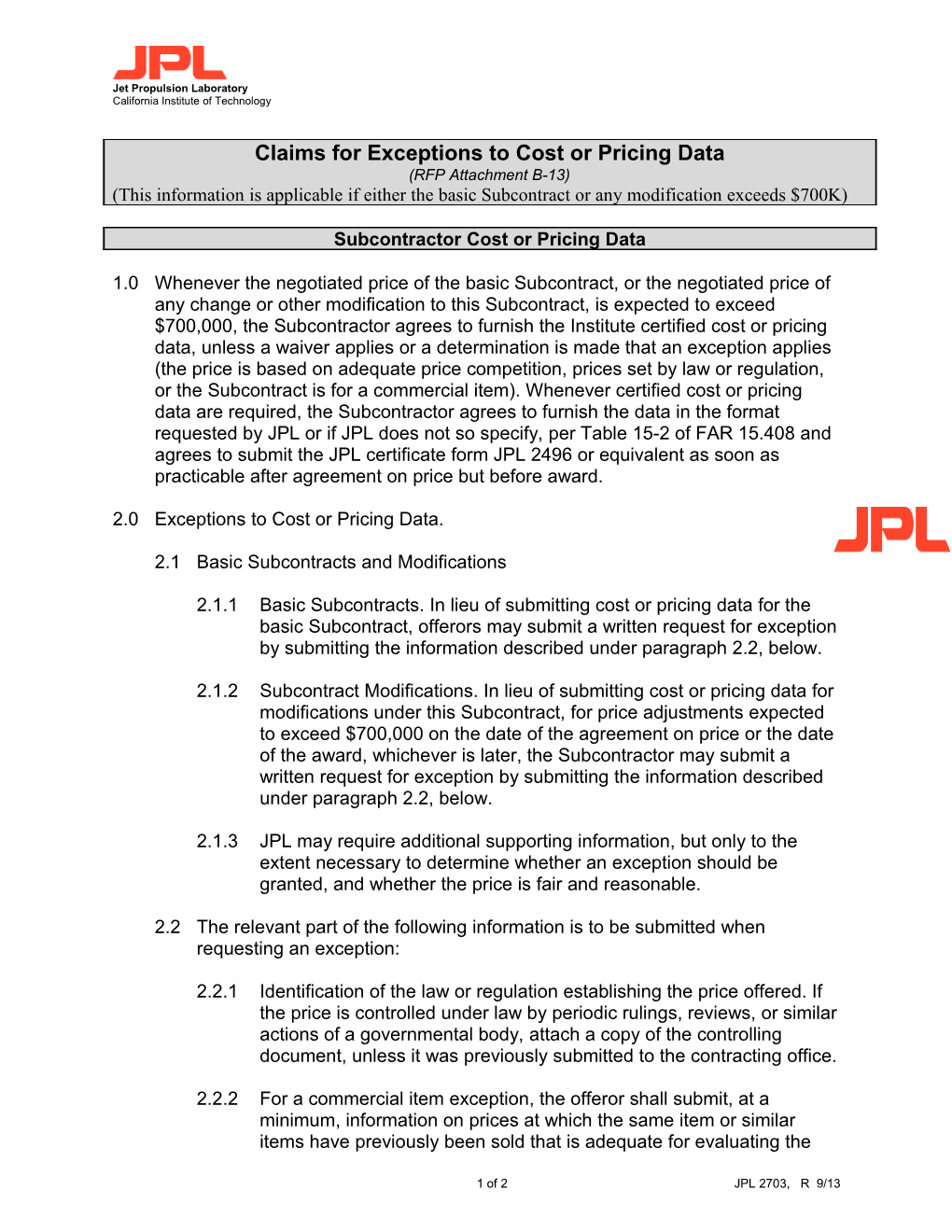 JPL 2703: Claims for Exceptions to Cost Or Pricing Data