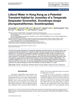Littoral Water in Hong Kong As a Potential Transient Habitat for Juveniles of a Temperate Deepwater Gnomefish, Scombrops Boops (Acropomatiformes: Scombropidae)