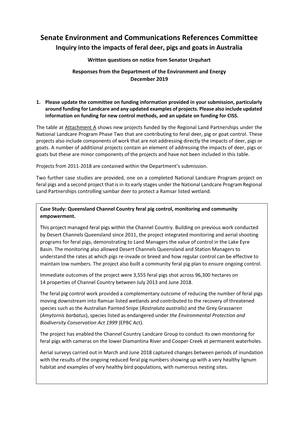 Senate Environment and Communications References Committee Inquiry Into the Impacts of Feral Deer, Pigs and Goats in Australia