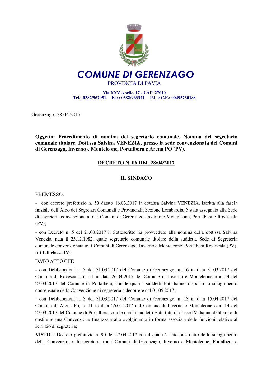 Decreto 2017 06 Nomina Segretario Comunale