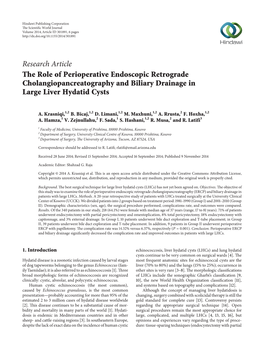 Research Article the Role of Perioperative Endoscopic Retrograde Cholangiopancreatography and Biliary Drainage in Large Liver Hydatid Cysts