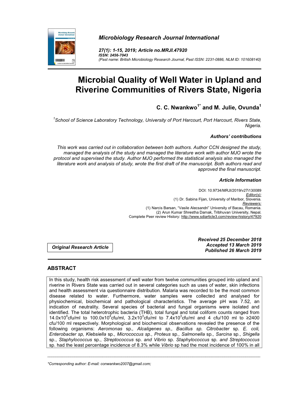 Microbial Quality of Well Water in Upland and Riverine Communities of Rivers State, Nigeria