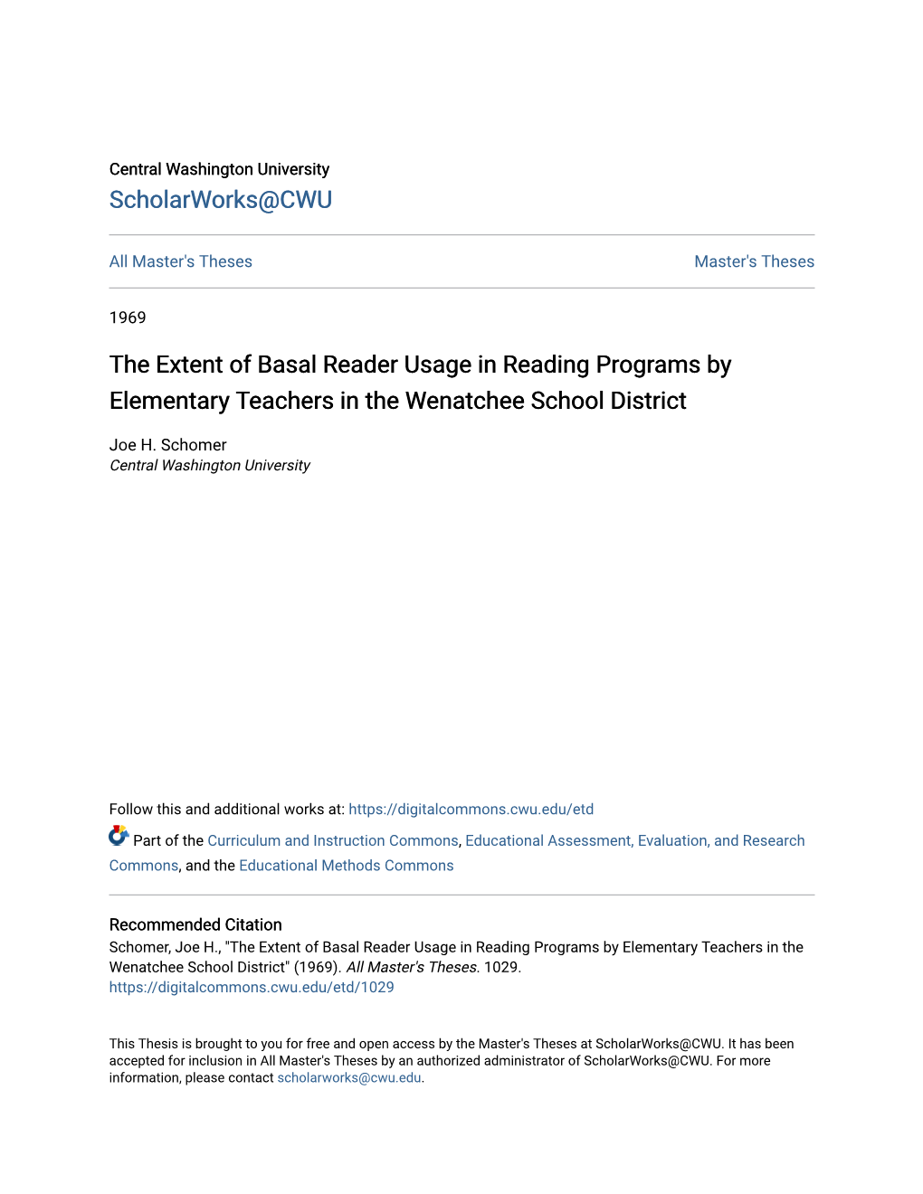 The Extent of Basal Reader Usage in Reading Programs by Elementary Teachers in the Wenatchee School District