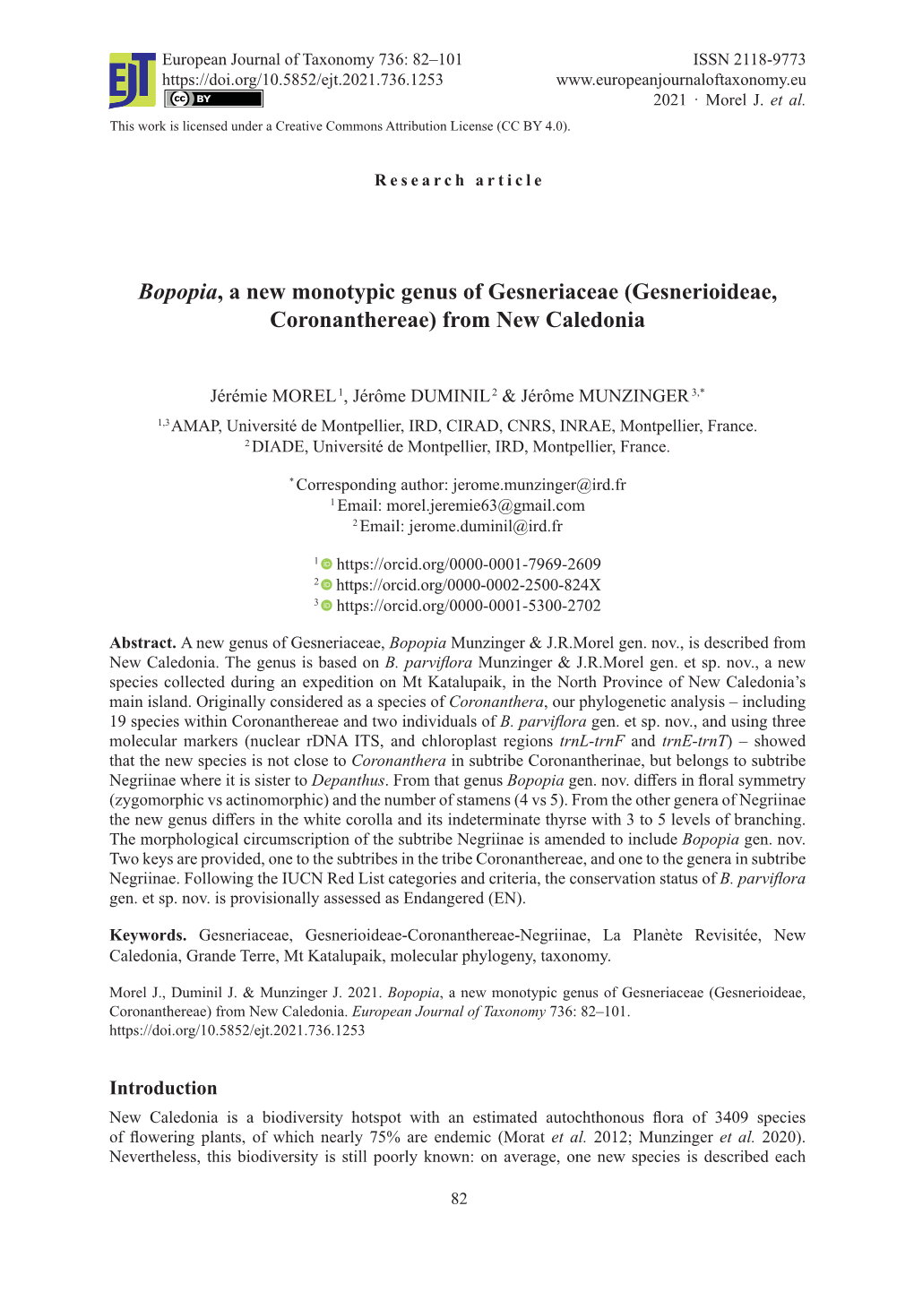 Bopopia, a New Monotypic Genus of Gesneriaceae (Gesnerioideae, Coronanthereae) from New Caledonia