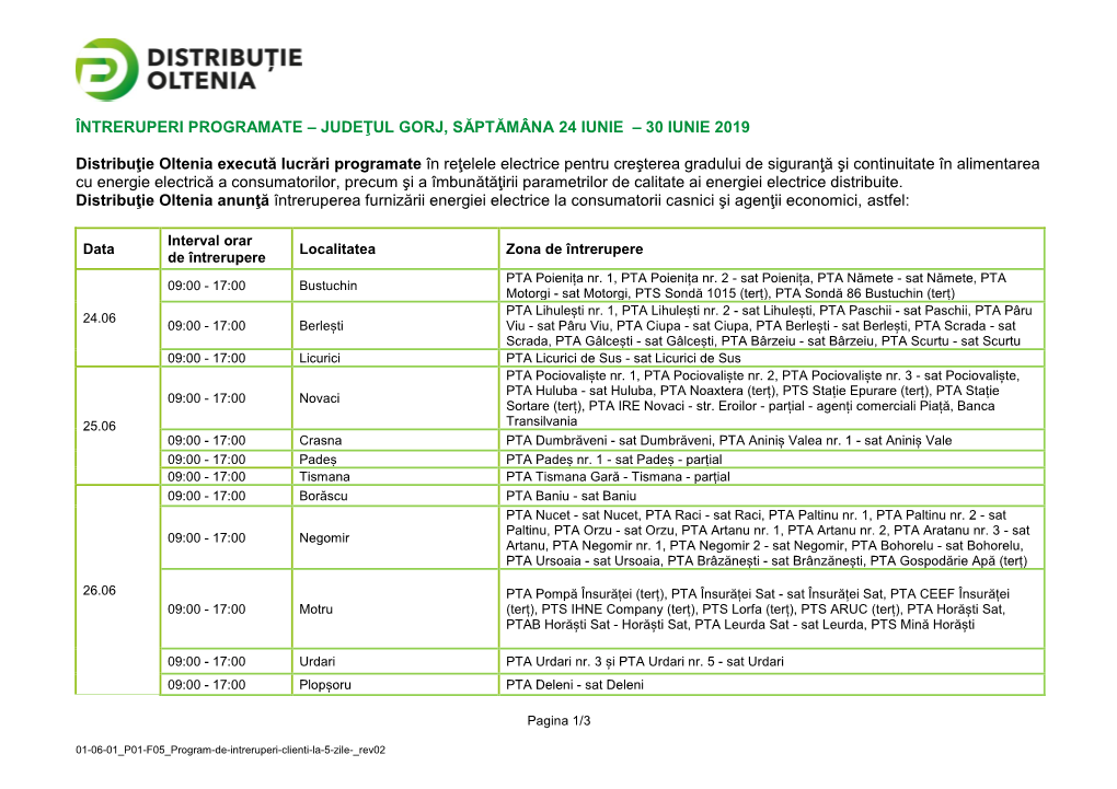 Întreruperi Programate – Judeţul Gorj, Săptămâna 24 Iunie – 30 Iunie 2019