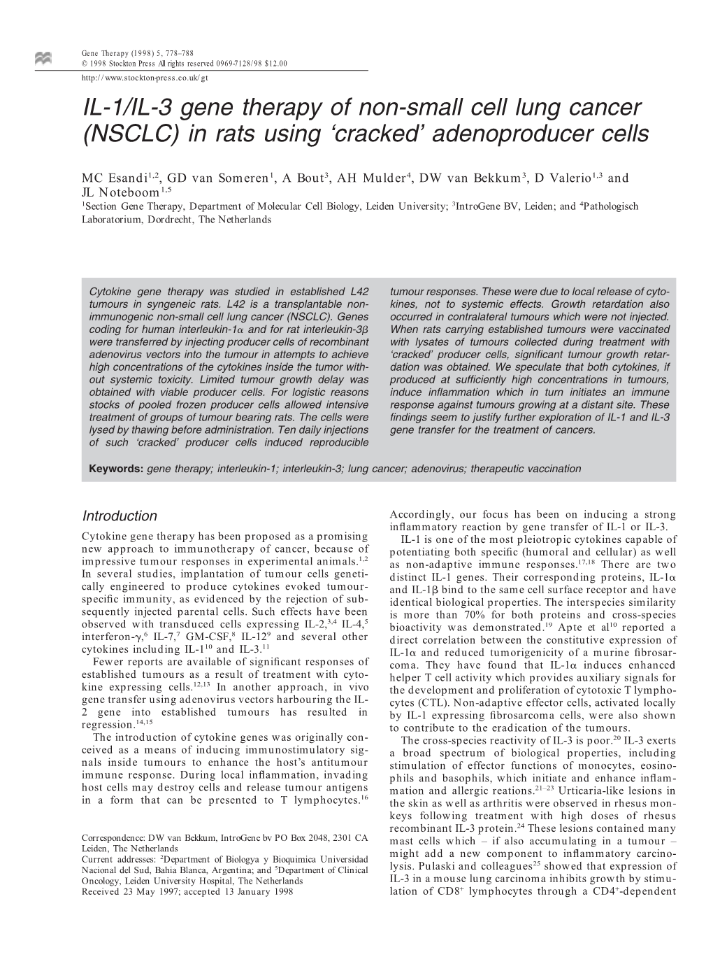 IL-1/IL-3 Gene Therapy of Non-Small Cell Lung Cancer (NSCLC) in Rats Using ‘Cracked’ Adenoproducer Cells