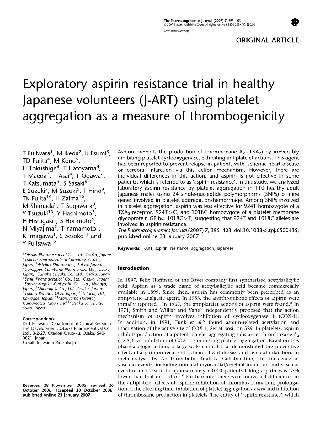 Exploratory Aspirin Resistance Trial in Healthy Japanese Volunteers (J-ART) Using Platelet Aggregation As a Measure of Thrombogenicity