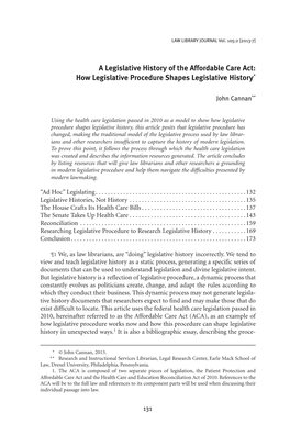 A Legislative History of the Affordable Care Act: How Legislative Procedure Shapes Legislative History*