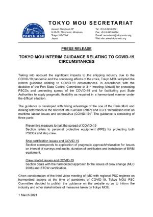 Tokyo Mou Interim Guidance Relating to Covid-19 Circumstances