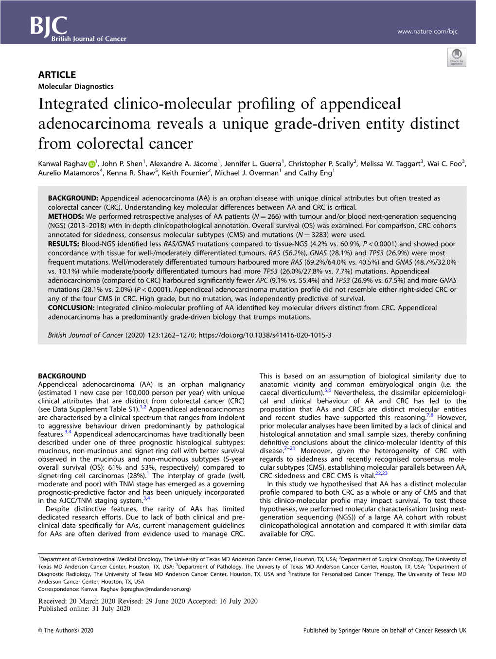 Integrated Clinico-Molecular Profiling of Appendiceal Adenocarcinoma