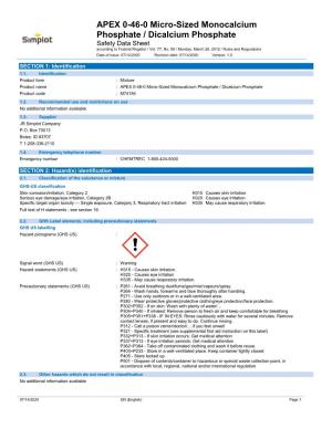 APEX 0-46-0 Micro-Sized Monocalcium Phosphate / Dicalcium Phosphate Safety Data Sheet According to Federal Register / Vol