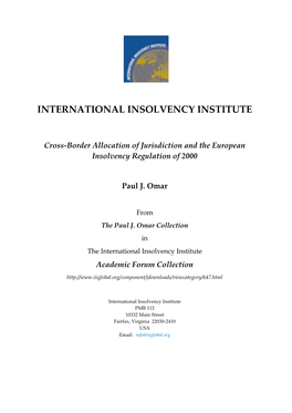 Cross-Border Allocation of Jurisdiction and the European Insolvency Regulation of 2000