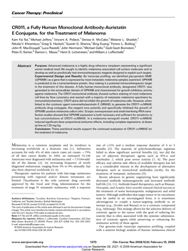 CR011, a Fully Human Monoclonal Antibody-Auristatin E Conjugate, for the Treatment of Melanoma Kam Fai Tse,1 Michael Jeffers,1 Vincent A