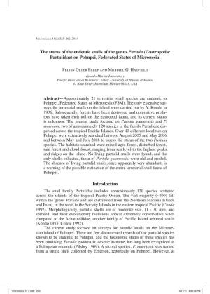 The Status of the Endemic Snails of the Genus Partula (Gastropoda: Partulidae) on Pohnpei, Federated States of Micronesia