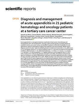 Diagnosis and Management of Acute Appendicitis in 21 Pediatric Hematology and Oncology Patients at a Tertiary Care Cancer Center