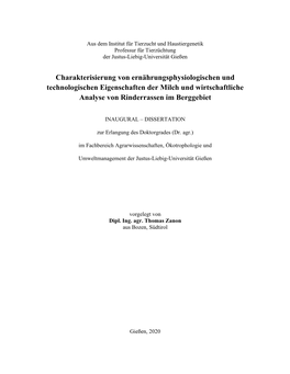 Charakterisierung Von Ernährungsphysiologischen Und Technologischen Eigenschaften Der Milch Und Wirtschaftliche Analyse Von Rinderrassen Im Berggebiet