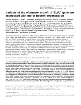 Variants of the Elongator Protein 3 (ELP3) Gene Are Associated with Motor Neuron Degeneration