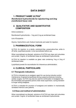 Remifentanil Hydrochloride for Injection1mg and 2Mg (Remifentanil Base) Vials