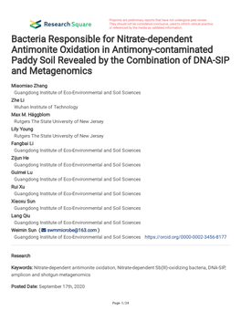 Bacteria Responsible for Nitrate-Dependent Antimonite Oxidation in Antimony-Contaminated Paddy Soil Revealed by the Combination of DNA-SIP and Metagenomics