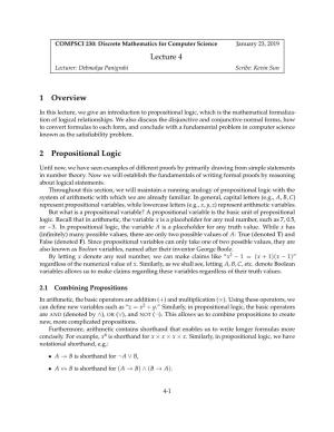 Lecture 4 1 Overview 2 Propositional Logic