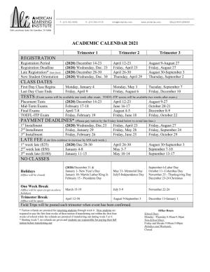 Academic Calendar 2021 Registration Class Dates