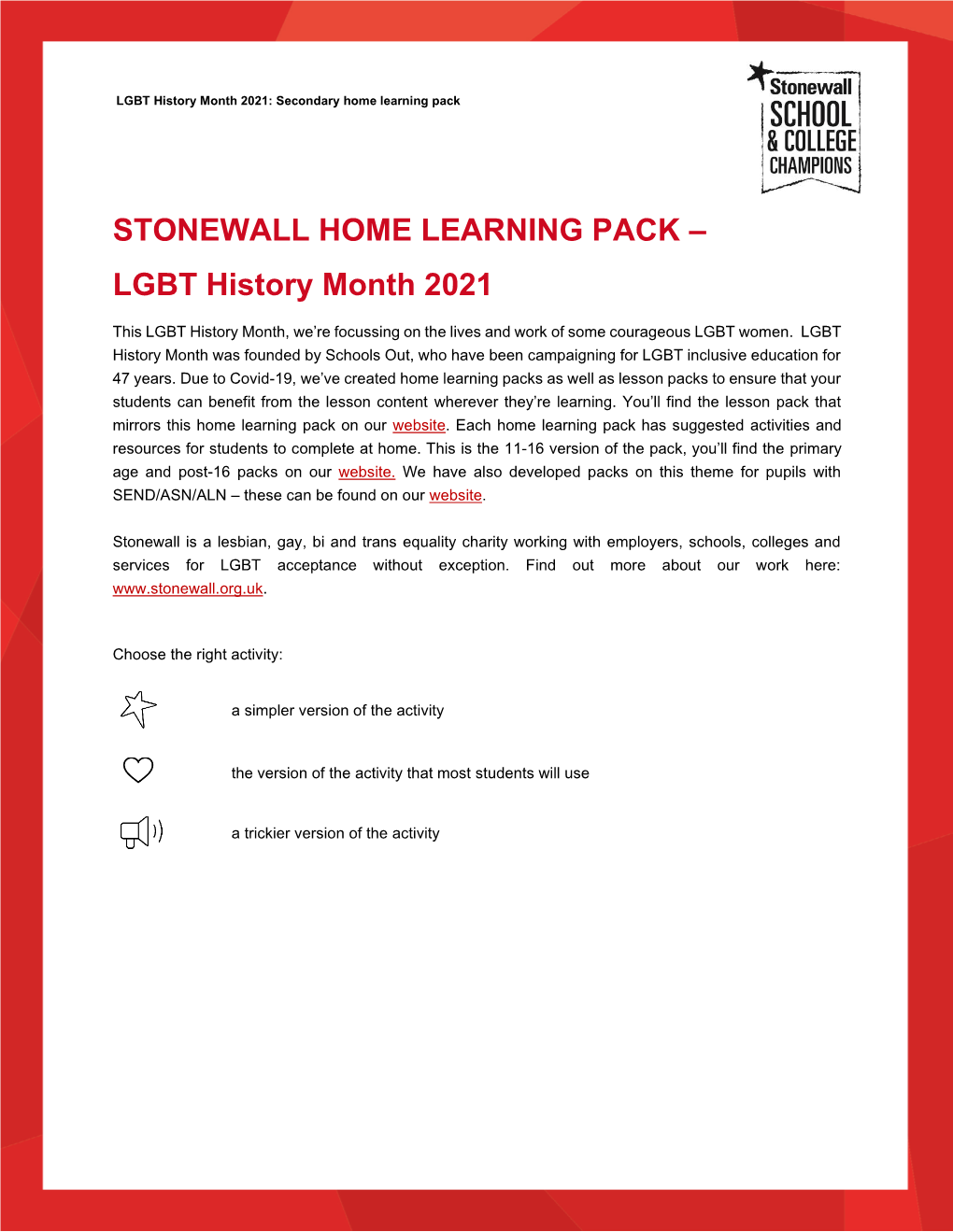 STONEWALL HOME LEARNING PACK – LGBT History Month 2021