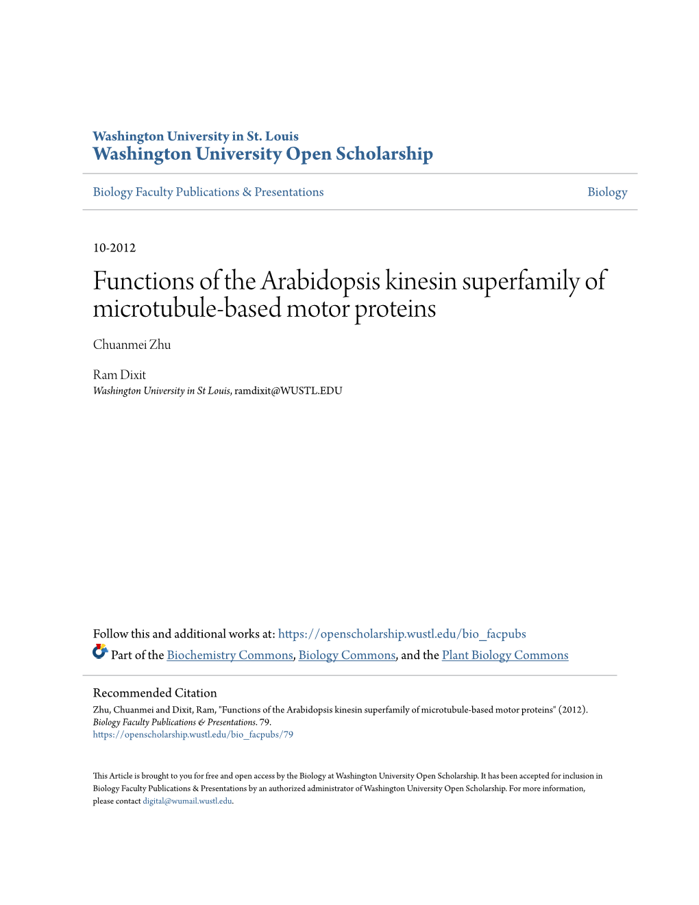 Functions of the Arabidopsis Kinesin Superfamily of Microtubule-Based Motor Proteins Chuanmei Zhu