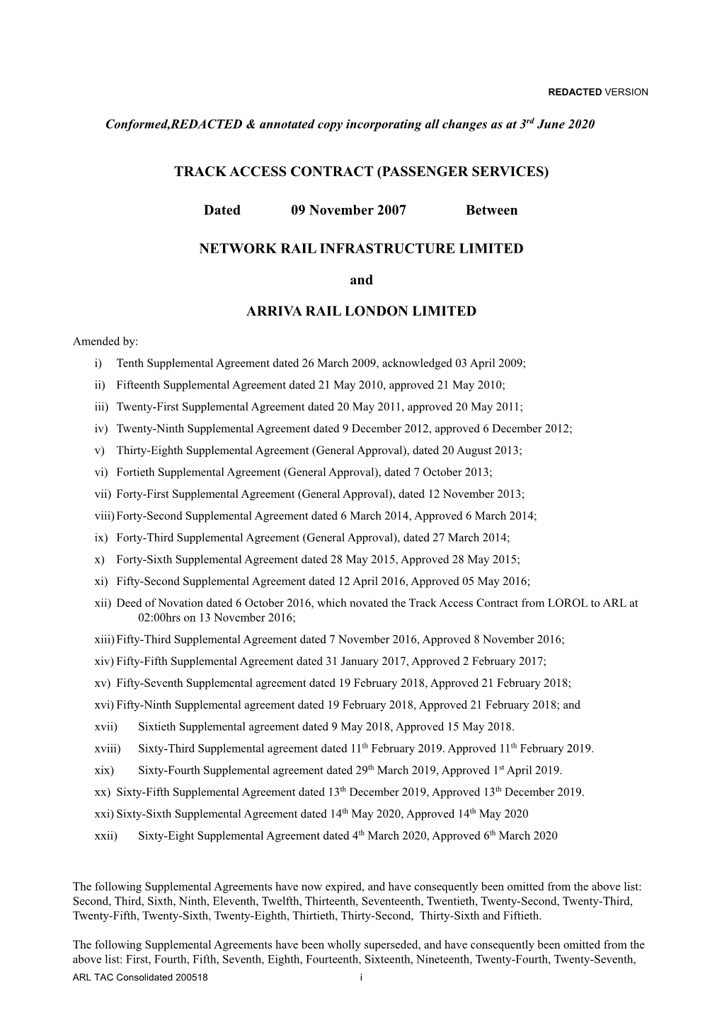 Arriva Rail London Limited Consolidated Agreement As at 03 June 2020