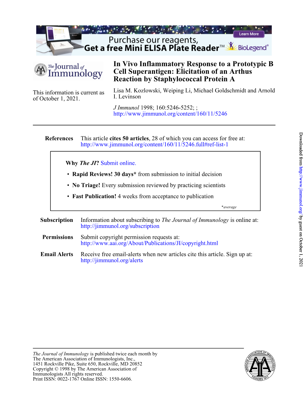 Reaction by Staphylococcal Protein a Cell Superantigen: Elicitation of An