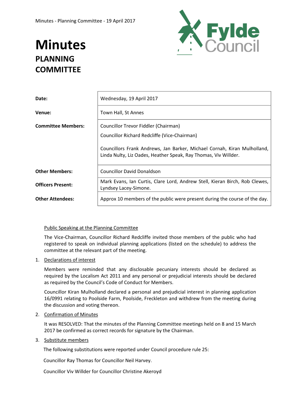 Minutes - Planning Committee - 19 April 2017
