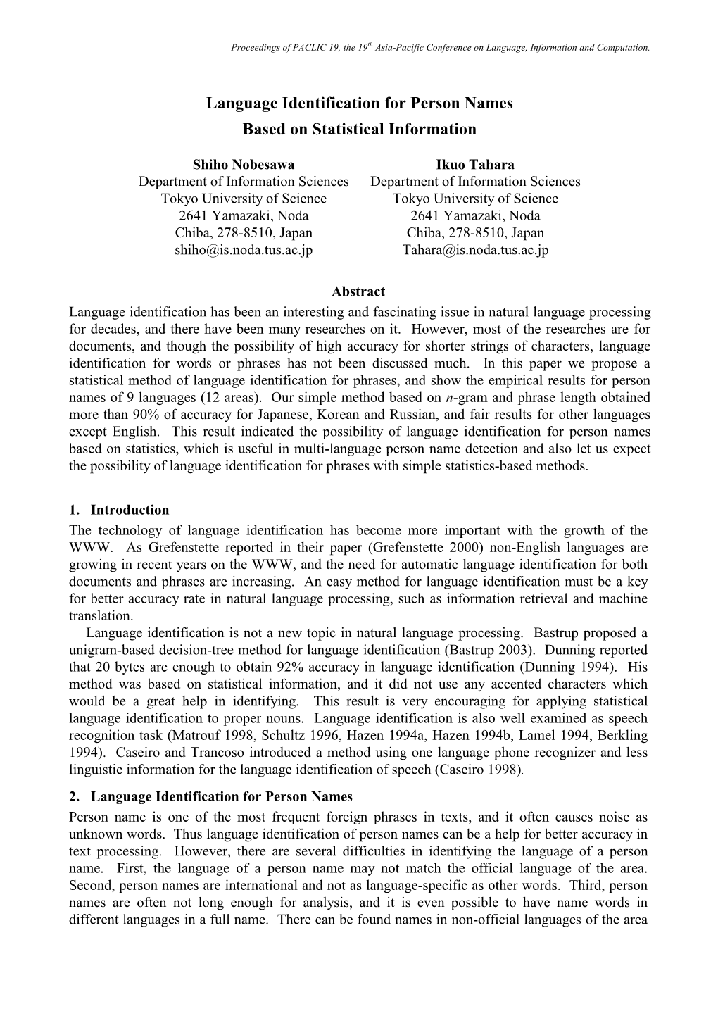 Language Identification for Person Names Based on Statistical Information