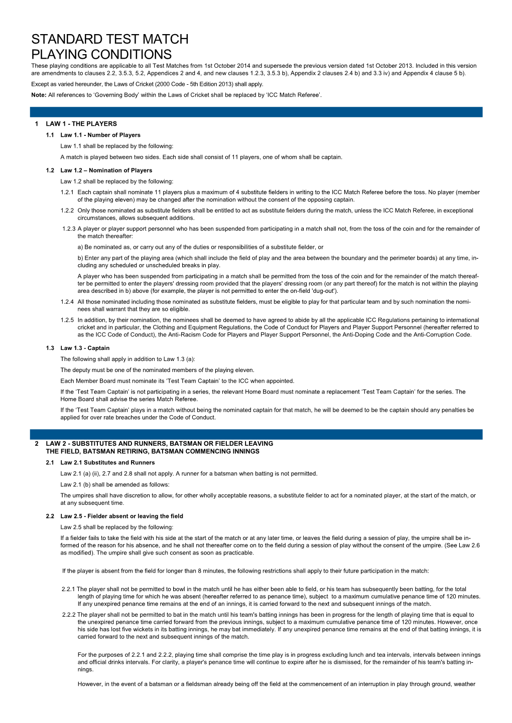 Standard Test Match Playing Conditions