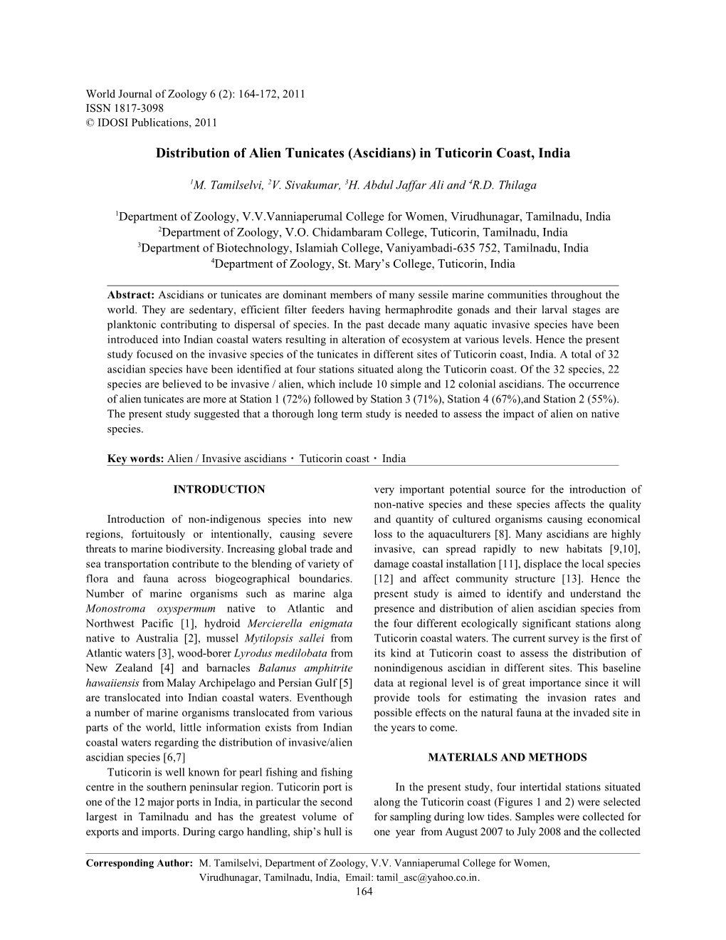 Distribution of Alien Tunicates (Ascidians) in Tuticorin Coast, India