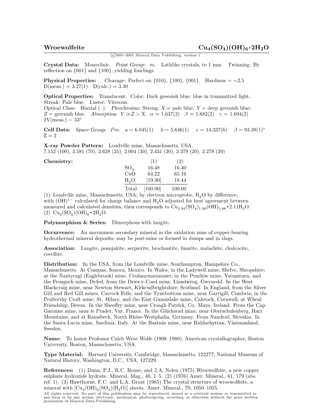 Wroewolfeite Cu4(SO4)(OH)6 • 2H2O C 2001-2005 Mineral Data Publishing, Version 1 Crystal Data: Monoclinic