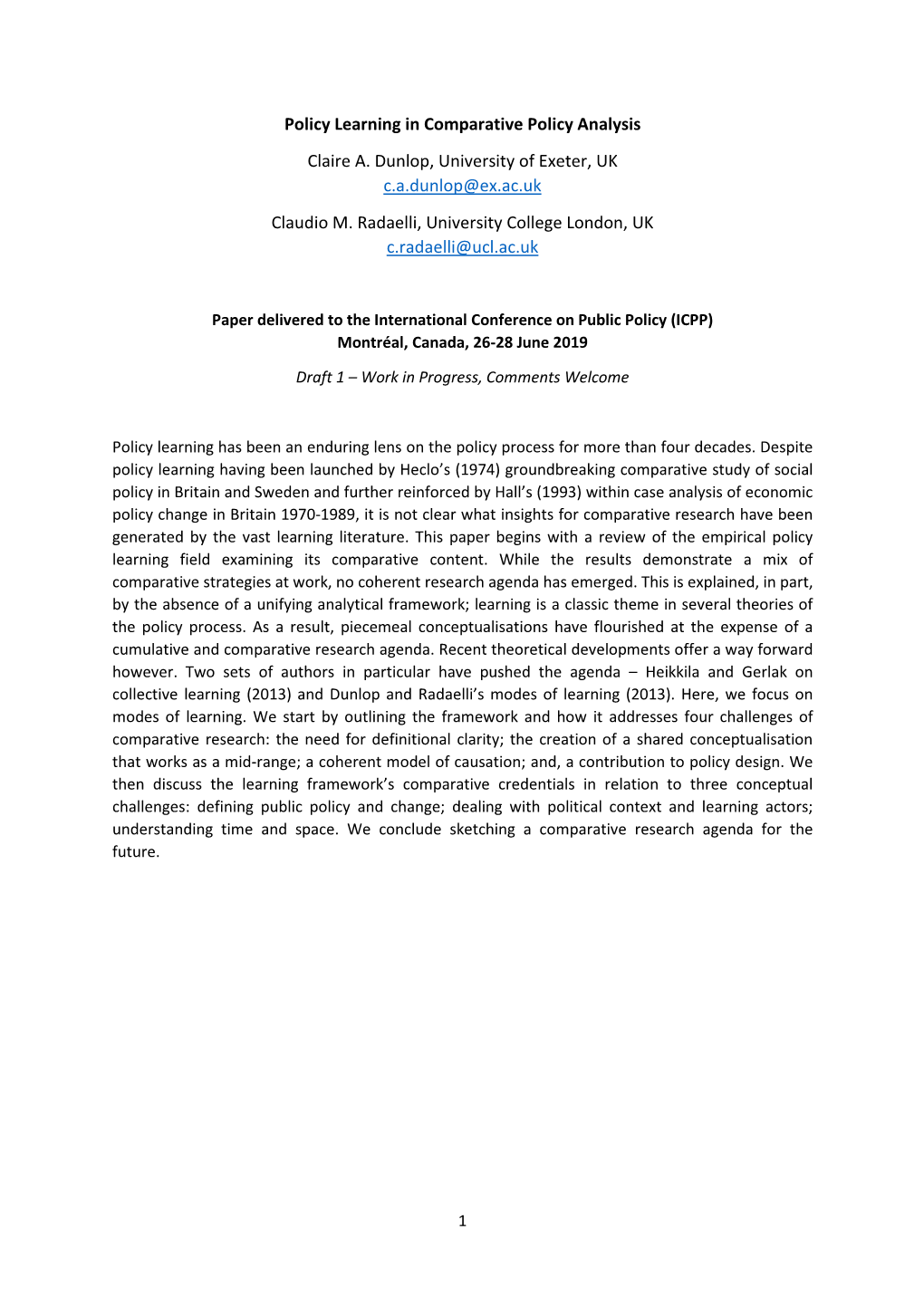 Policy Learning in Comparative Policy Analysis Claire A. Dunlop, University of Exeter, UK C.A.Dunlop@Ex.Ac.Uk Claudio M