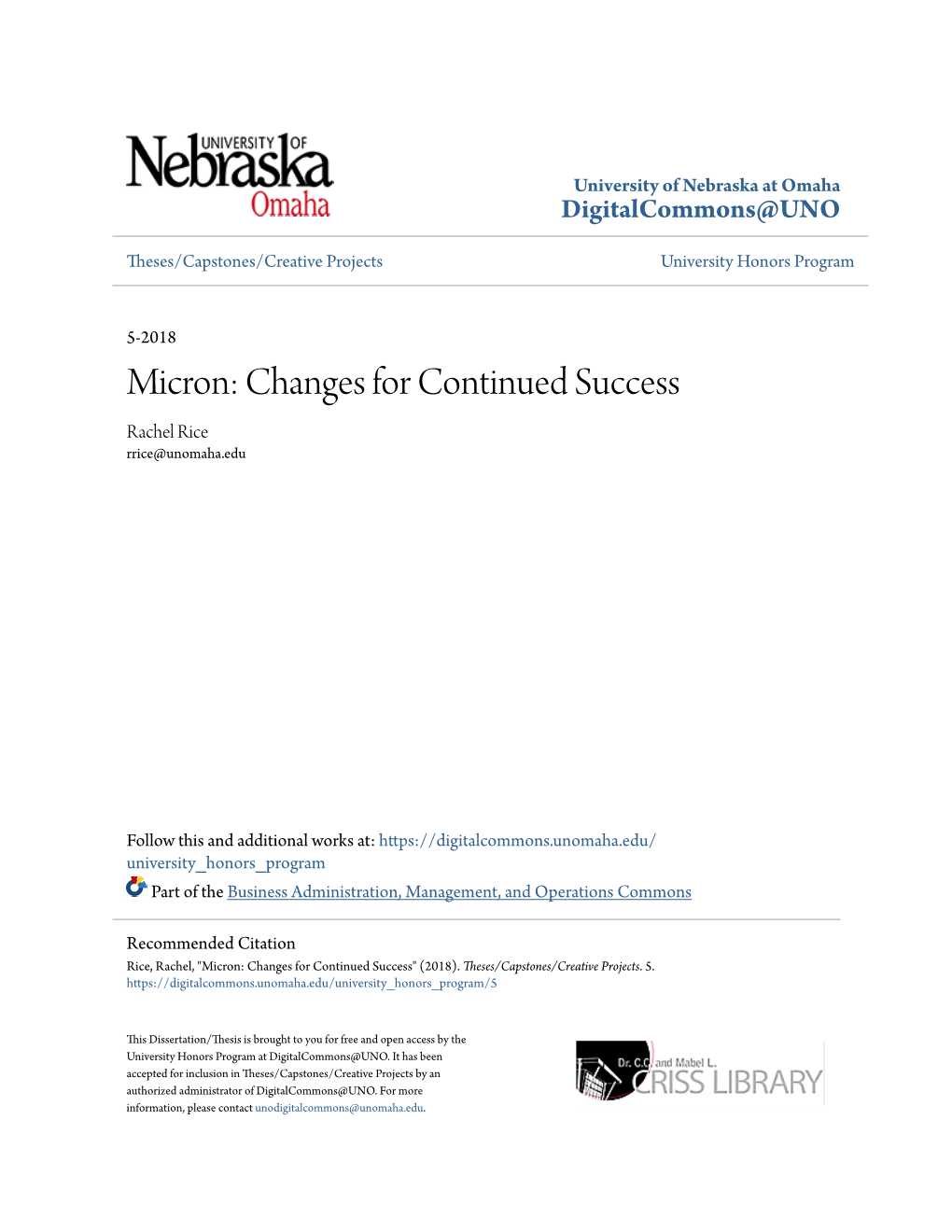 Micron: Changes for Continued Success Rachel Rice Rrice@Unomaha.Edu