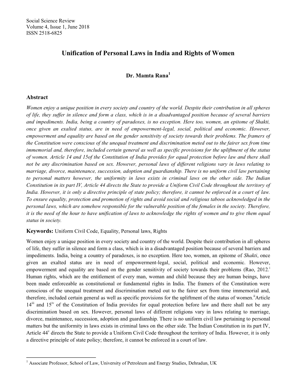 Unification of Personal Laws in India and Rights of Women