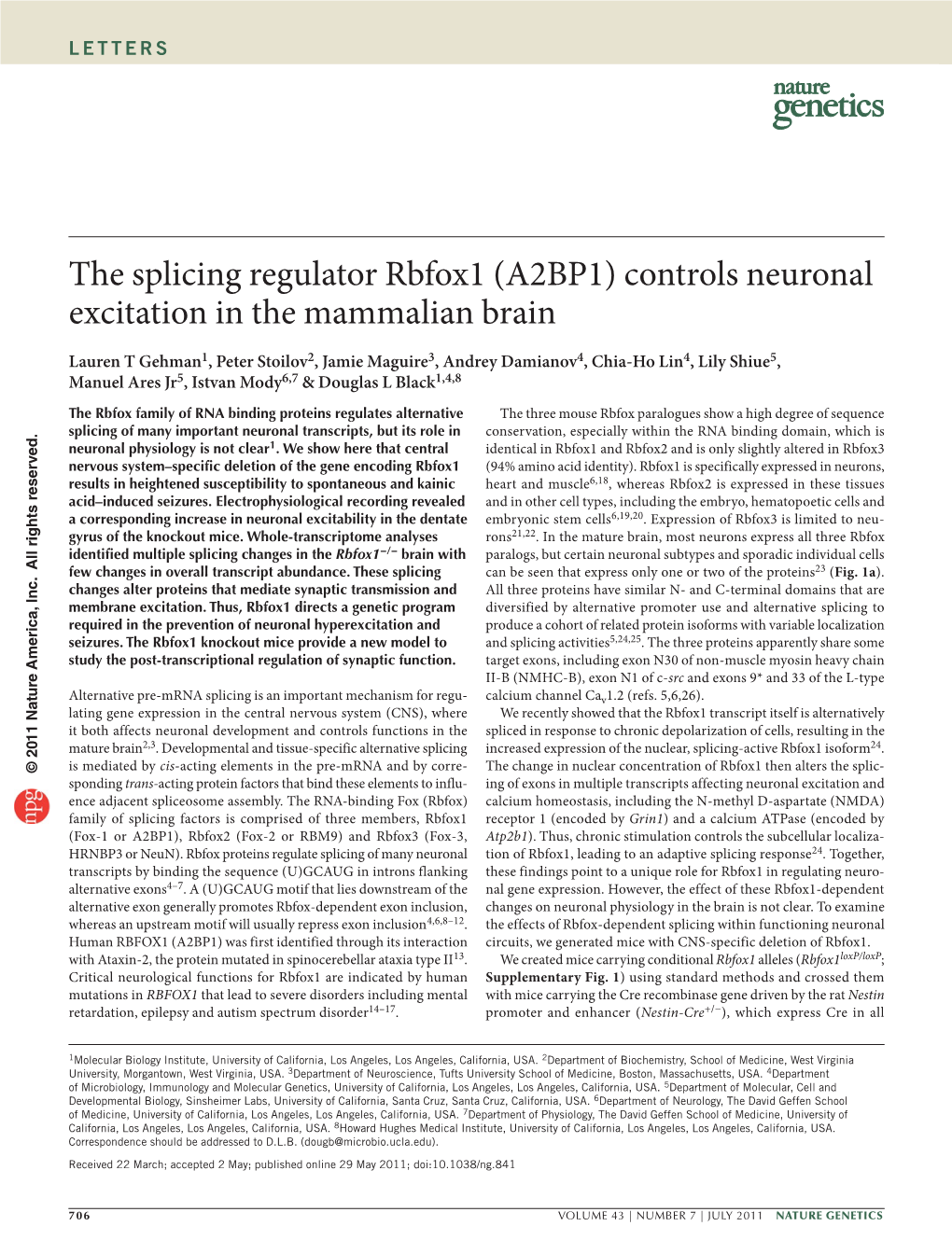 The Splicing Regulator Rbfox1 (A2BP1) Controls Neuronal Excitation in the Mammalian Brain