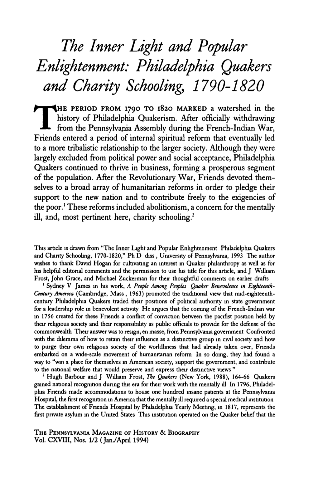 The Inner Light and Popular Enlightenment: Philadelphia Quakers and Charity Schoolings 1790-1820