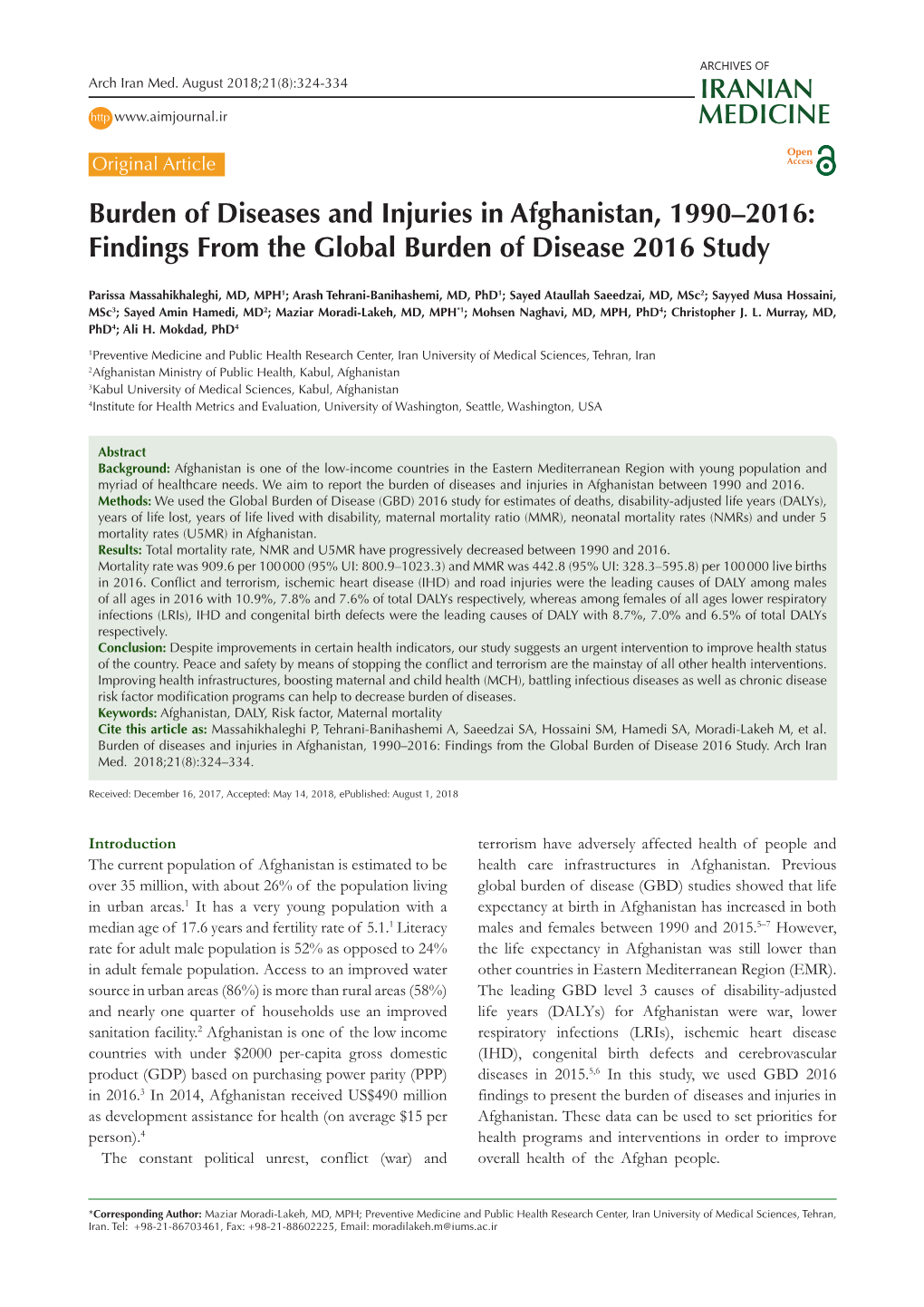 Burden of Diseases and Injuries in Afghanistan, 1990–2016: Findings from the Global Burden of Disease 2016 Study