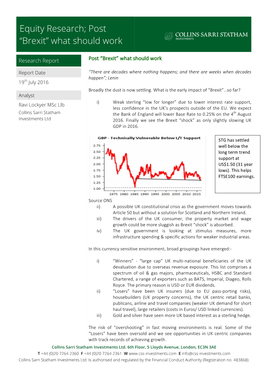 Equity Research; Post “Brexit” What Should Work