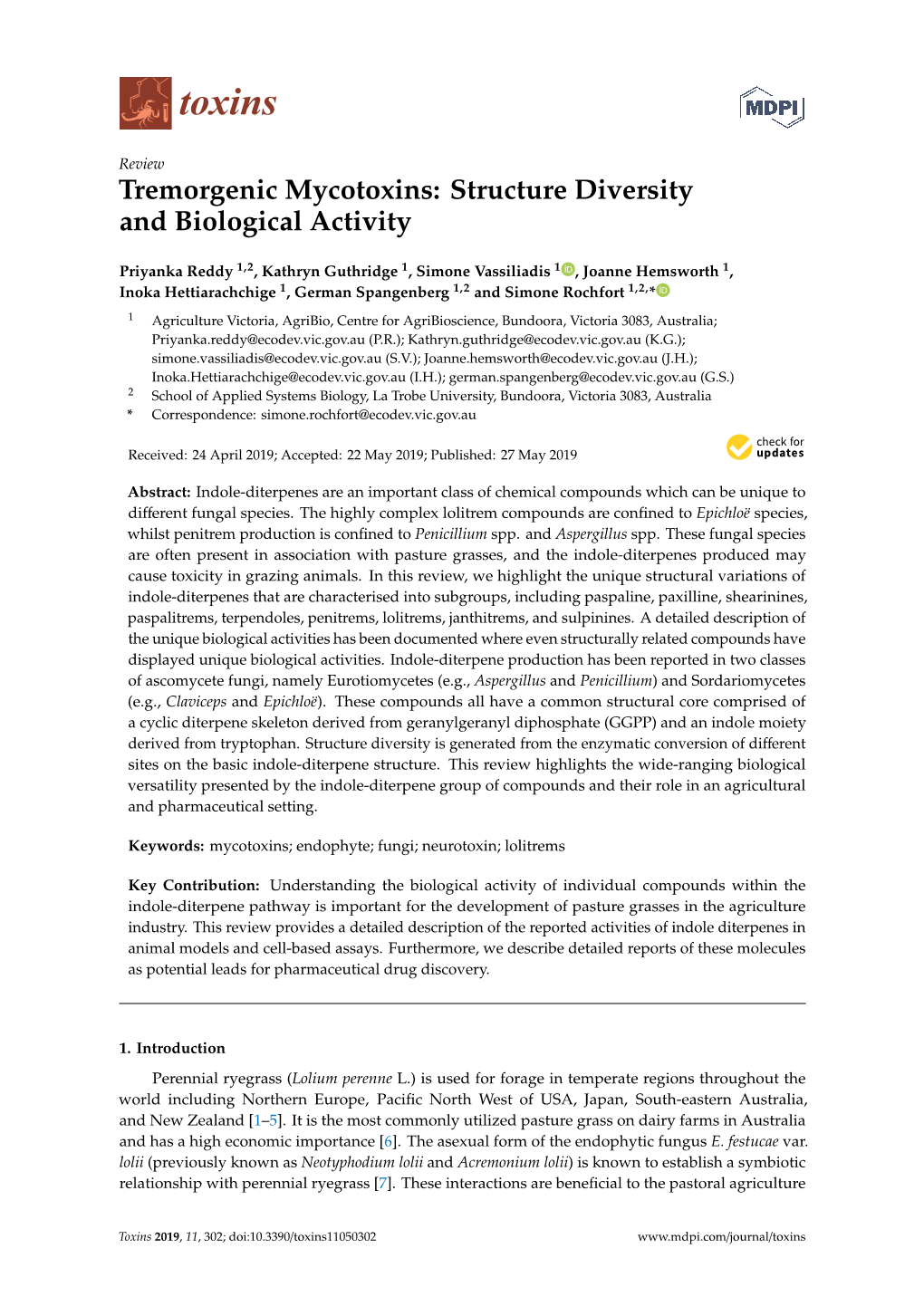 Tremorgenic Mycotoxins: Structure Diversity and Biological Activity