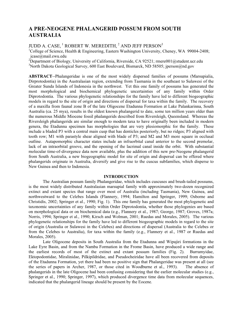 Case Et Al. 2008 a Pre-Neogene Phalangerid Possum from South