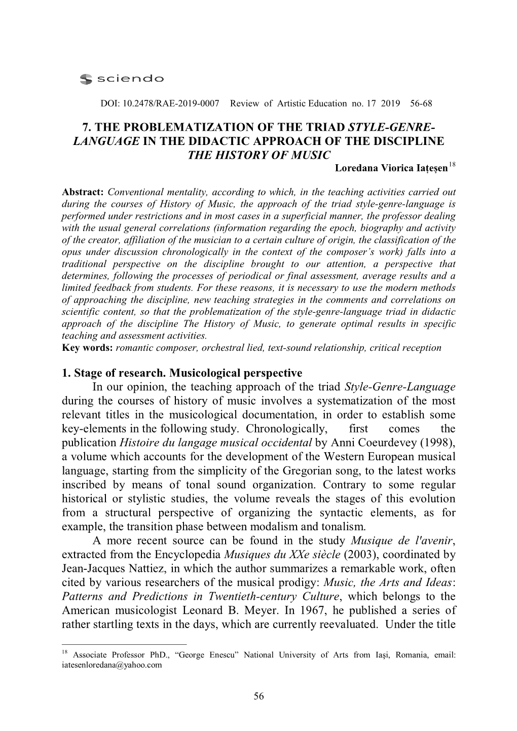 7. the PROBLEMATIZATION of the TRIAD STYLE-GENRE- LANGUAGE in the DIDACTIC APPROACH of the DISCIPLINE the HISTORY of MUSIC Loredana Viorica Iațeșen18