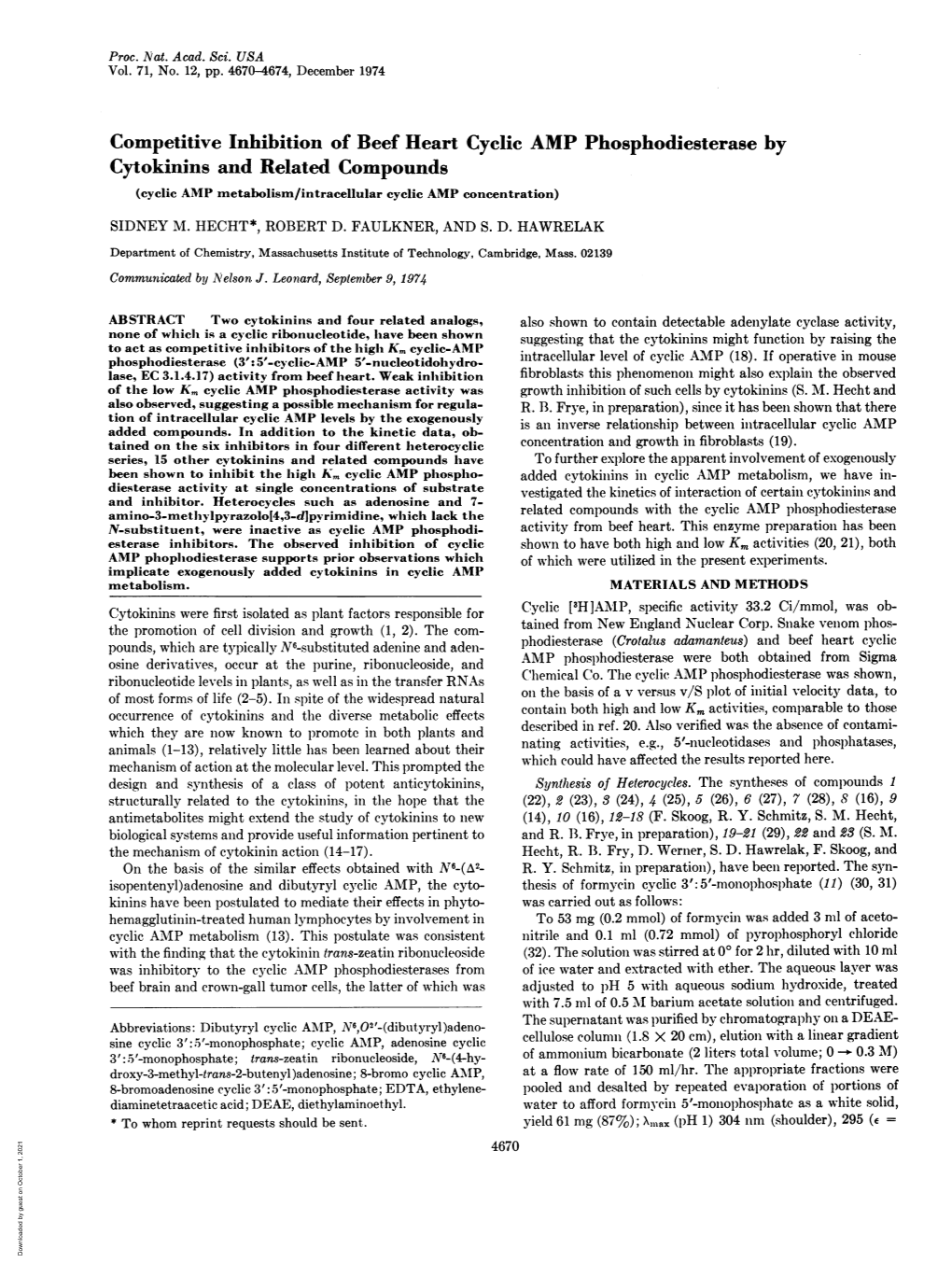 Competitive Inhibition of Beef Heart Cyclic AMP Phosphodiesterase by Cytokinins and Related Compounds (Cyclic AMP Metabolism/Intracellular Cyclic AMP Concentration)